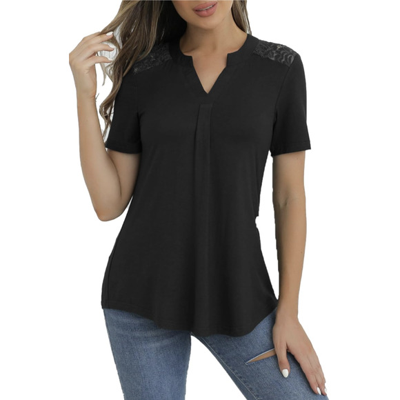 CiCiBird Shirt Womens XL Black Lace Shoulder Blouse Short Sleeve Dressy Top New - Picture 1 of 7